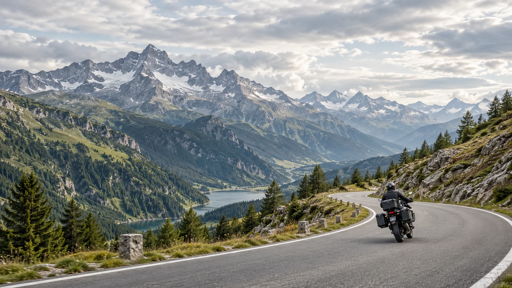 Motorradfahrer auf einer kurvigen Alpenstraße
