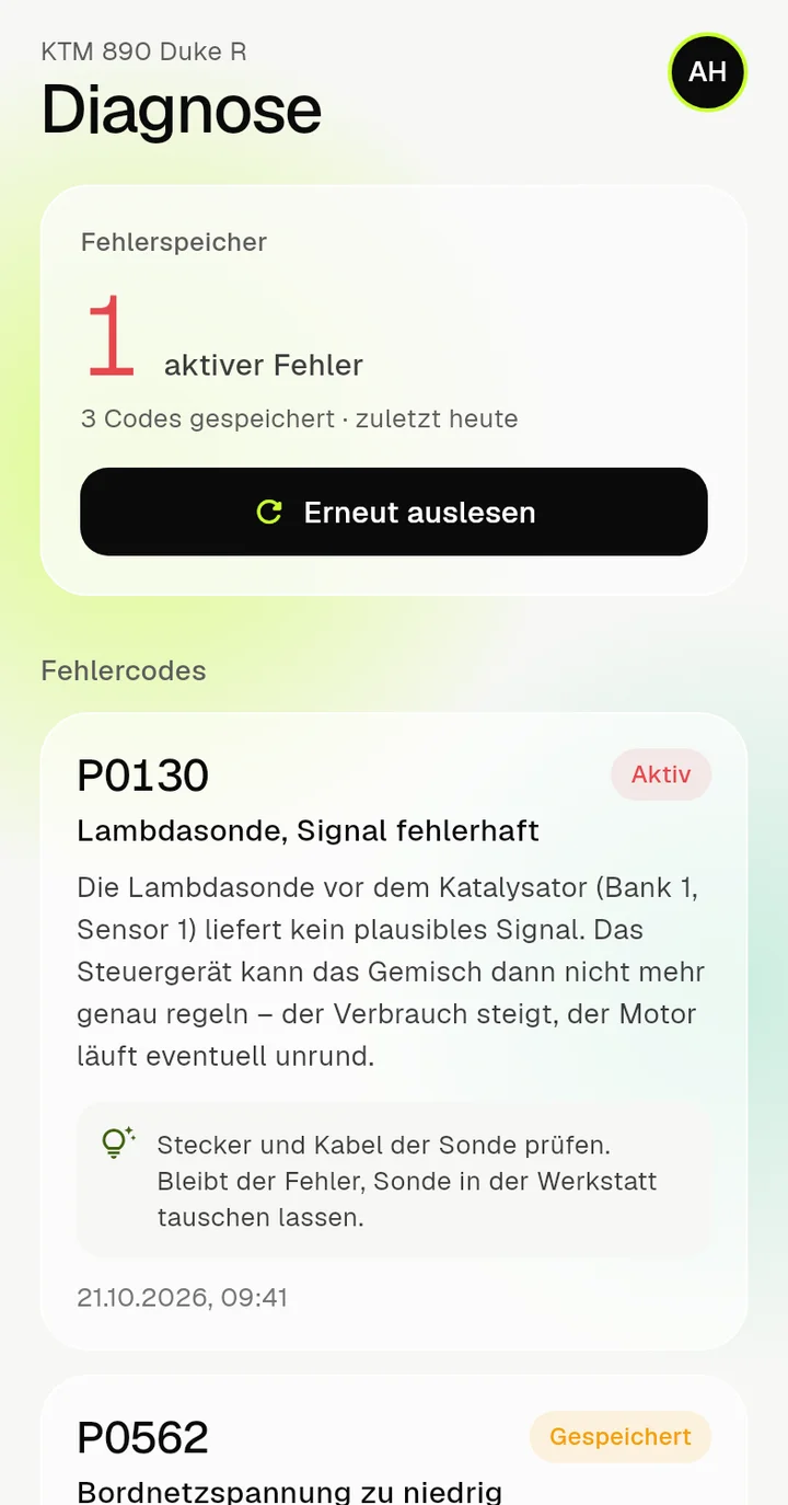 Diagnose in MotoOne: ein Fehlercode wird auf Deutsch erklärt